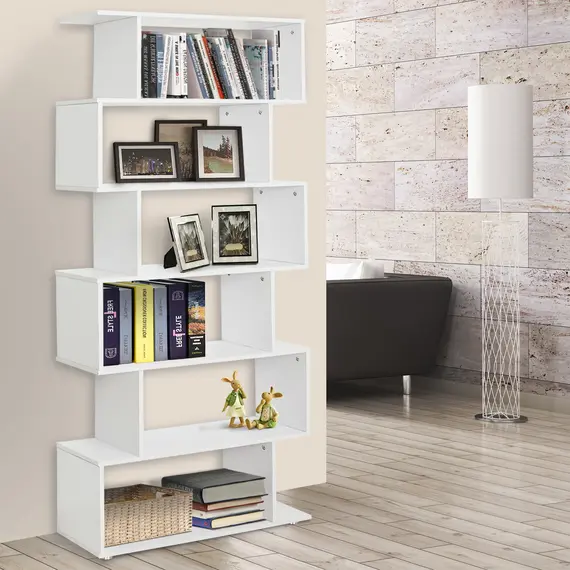 Buy S Shape Wooden 6-tier Bookshelf Open Concept Bookcase Storage Display Unit for Home Office Living Room, White, 9 image