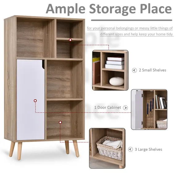 Buy Freestanding Storage Cabinet w/ Wood Legs 5 Compartments Cupboard Stylish Bedroom Hallway Furniture 60L x 30W x 121H cm - White, 4 image