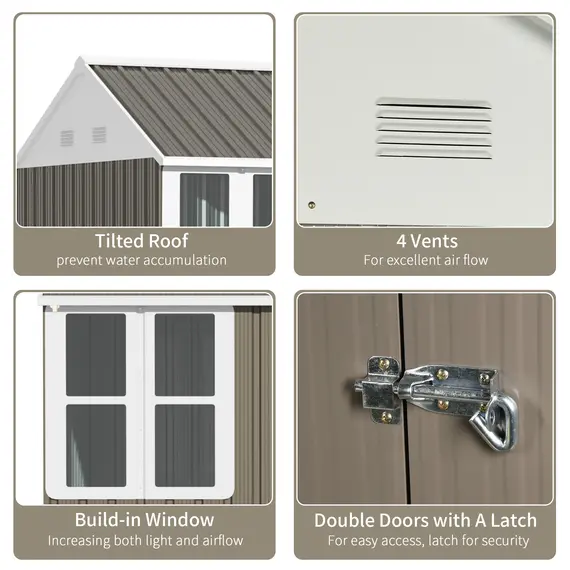 Buy Outsunny 8 x 6 ft Metal Garden Storage Shed Patio Corrugated Roof Tool Storage Box w/ Double Door Window Sloped Roof, Grey, 5 image