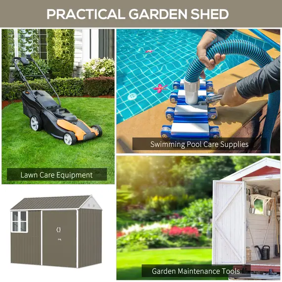 Buy Outsunny 8 x 6 ft Metal Garden Storage Shed Patio Corrugated Roof Tool Storage Box w/ Double Door Window Sloped Roof, Grey, 6 image