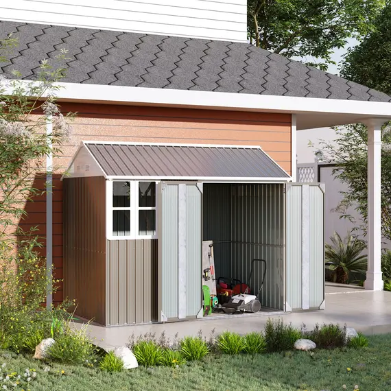 Buy Outsunny 8 x 6 ft Metal Garden Storage Shed Patio Corrugated Roof Tool Storage Box w/ Double Door Window Sloped Roof, Grey, 9 image