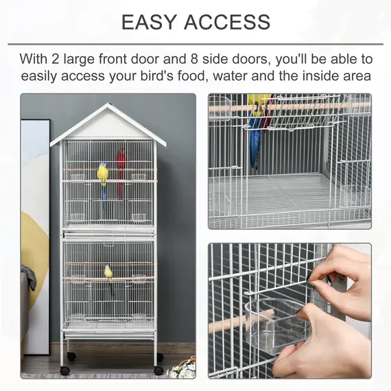 Buy PawHut 170cm Metal Bird Cage Parrot Cage Mobile Feeder with Rolling Stand Perches Food Containers Doors Wheels White, 5 image