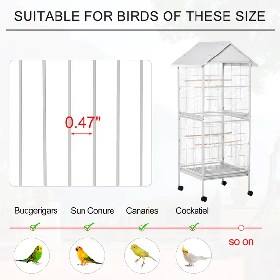Buy PawHut 170cm Metal Bird Cage Parrot Cage Mobile Feeder with Rolling Stand Perches Food Containers Doors Wheels White, 6 image