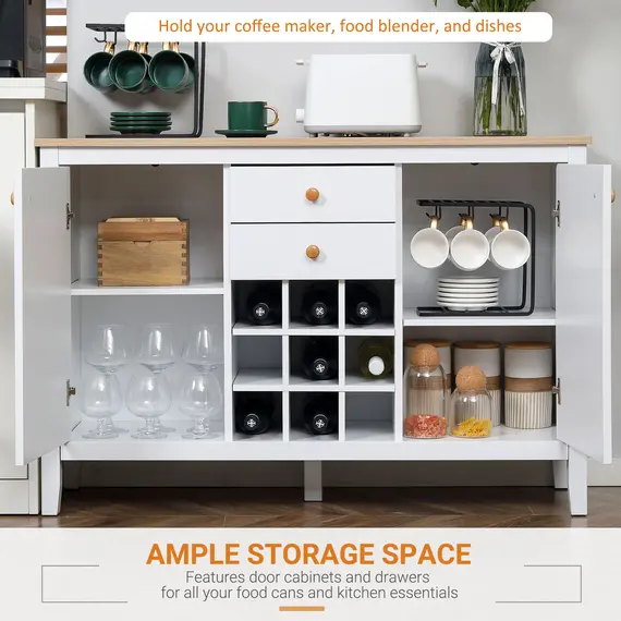Buy HOMCOM Buffet Cabinet, Rustic Sideboard with 9-bottle Wine Rack, Storage Cabinets, Drawers and Adjustable Shelves, Natural Handle, 4 image