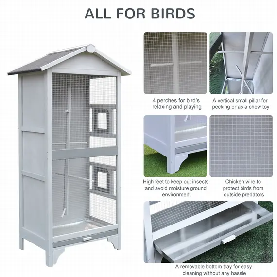 Buy PawHut Wooden Outdoor Bird Cage, Featuring a Large Play House with Removable Bottom Tray 4 Perch, 5 image
