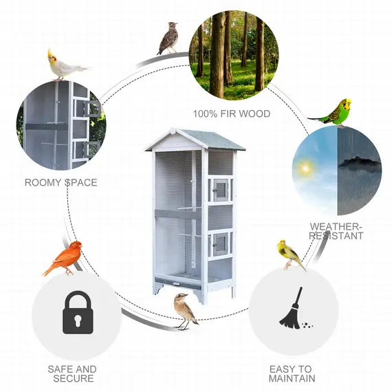 Buy PawHut Wooden Outdoor Bird Cage, Featuring a Large Play House with Removable Bottom Tray 4 Perch, 7 image