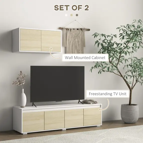 Buy HOMCOM 2 Pieces TV Unit Set with Wall Cabinet, Freestanding Unit for 70-inch TVs, Wall Mounted Storage Cupboard, with Adjustable shelves, 4 image