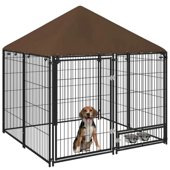 Buy Outdoor Dog Kennel Puppy Play Pen with Canopy Garden Playpen Fence Crate Enclosure Cage Rotating Bowl 141 x 141 x 151 cm