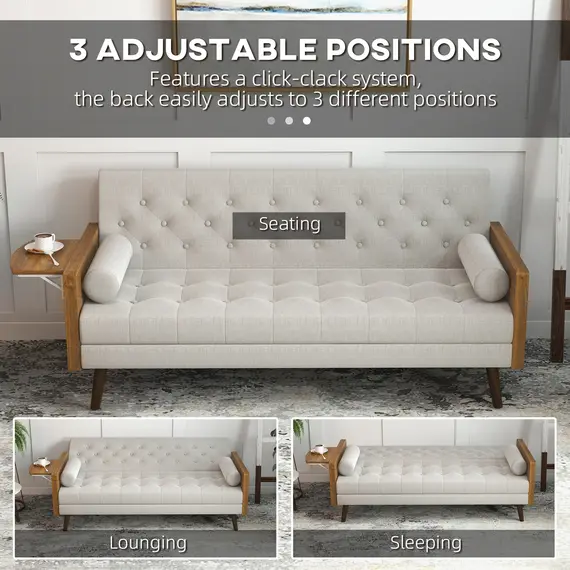 Buy HOMCOM 3-Seater Sofa Bed Click-Clack Button-Tufted Settee Recliner Couch with Wood Legs for Living Room, Beige, 5 image