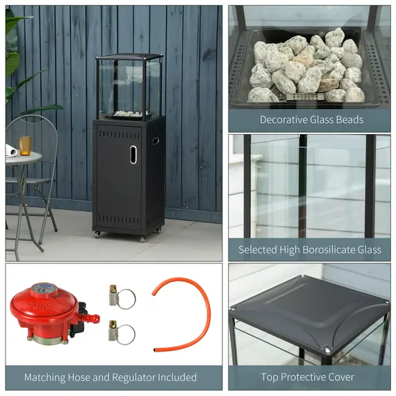 Buy Outsunny 9KW Gas Patio Heater with Lava Rocks, Freestanding Heater Real Flame Propane Heater with Wheels, Dust Cover, Regulator and Hose, 7 image