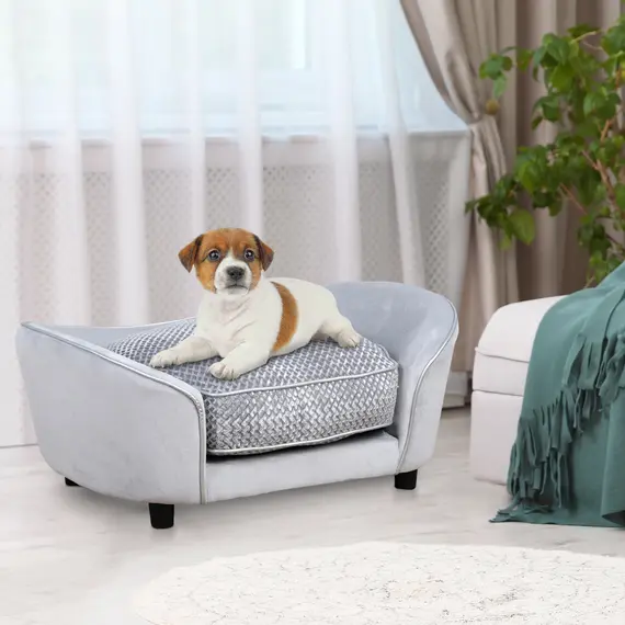 Buy PawHut Dog Sofa for XS and S-Size Dogs, Pet Couch with Thick Sponge Padded Cushion, Cat Lounge Bed with Washable Cover, Wooden Frame, 2 image