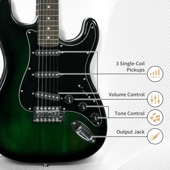 Buy SPORTNOW 6 String Electric Guitar, Right Handed, with 20w Amp, Digital Tuner, Spare Strings, Picks, Shoulder Strap, and Case Bag, Black Green, 5 image