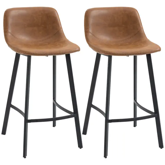 Buy Bar Stools Set of 2, PU Leather Kitchen Stools, Upholstered Breakfast Bar Chairs with Backrest, Steel Legs for Home, Dining Room, Brown