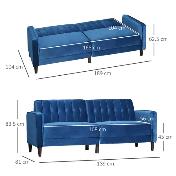 Buy HOMCOM Modern Convertible Sofa Futon Velvet-Touch Tufted Couch Compact Loveseat with Adjustable Split Back, Blue, 3 image