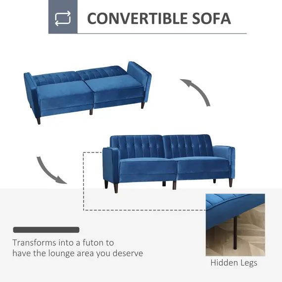 Buy HOMCOM Modern Convertible Sofa Futon Velvet-Touch Tufted Couch Compact Loveseat with Adjustable Split Back, Blue, 4 image