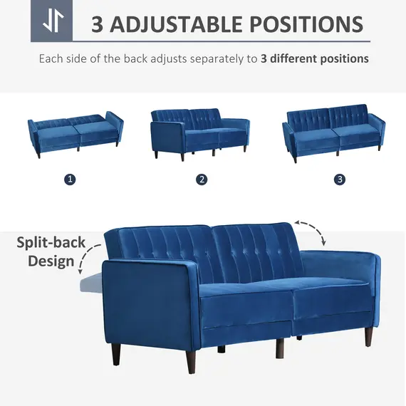 Buy HOMCOM Modern Convertible Sofa Futon Velvet-Touch Tufted Couch Compact Loveseat with Adjustable Split Back, Blue, 5 image