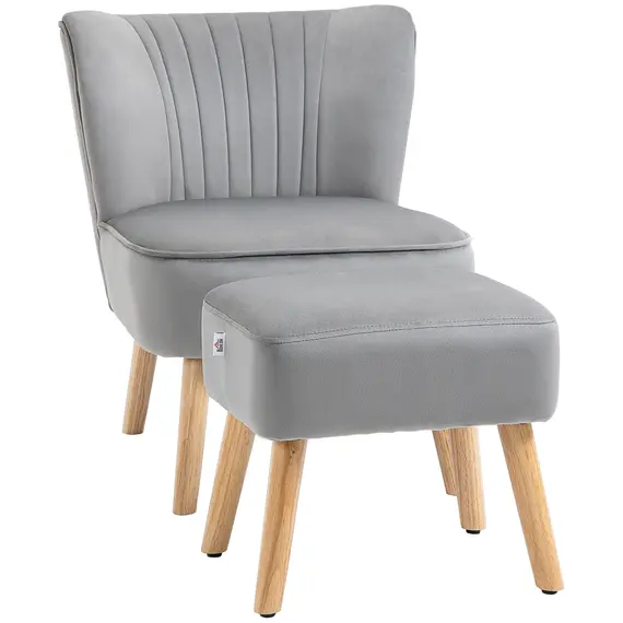 Buy Velvet Accent Chair Occasional Tub Seat Padding Curved Back with Ottoman Wood Frame Legs Home Furniture Light Grey