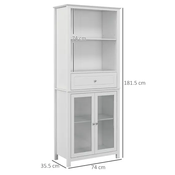 Buy HOMCOM Kitchen Cupboard, Pantry Storage Cabinet with Tempered Glass Doors, Drawer, Open Shelf, Adjustable Shelves for Dining Room, Living Room, 181.5 cm, White, 3 image
