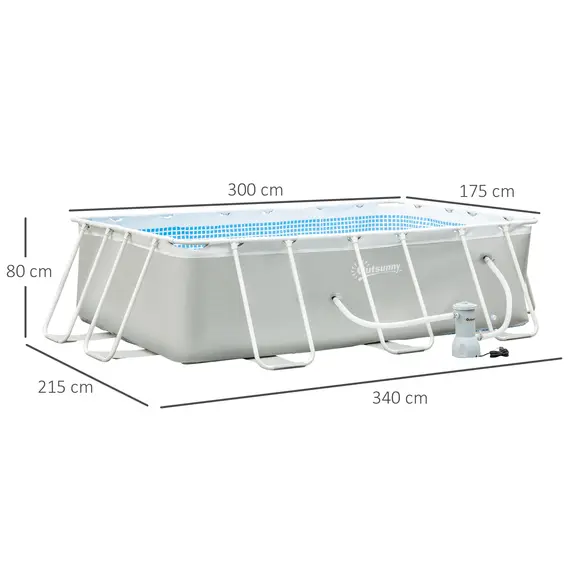 Buy Outsunny Steel Frame Pool with Filter Pump, Outdoor Rectangular Frame Above Ground Swimming Pool, 340 x 215 x 80 cm, Light Grey, 3 image