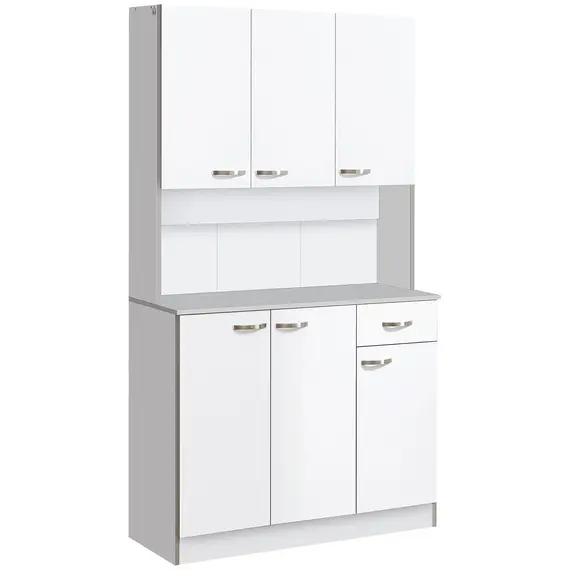 Buy Kitchen Cupboard, Freestanding Kitchen Storage Cabinet with 6 Doors, Drawer, Adjustable Shelves and Open Countertop for Dining Room, White