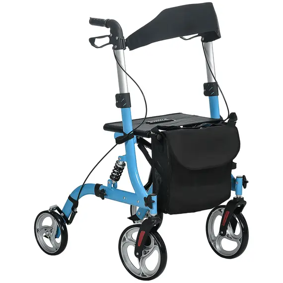 Buy 4 Wheel Rollator with Seat and Back, Lightweight Folding Mobility Walker with Large Wheels, Carry Bag, Adjustable Height, Aluminium Walking Frame with Dual Brakes for Seniors, Blue