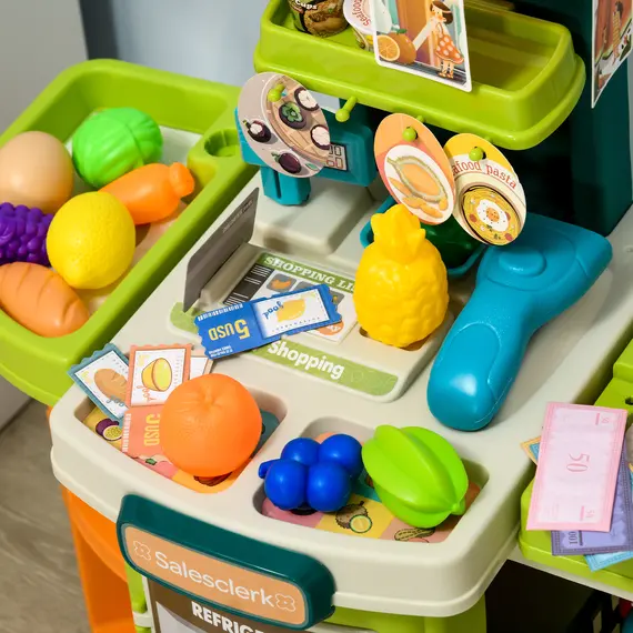 Buy AIYAPLAY Cash Register for Kids Children Trolley, 58 Pieces Foldable Toy Shop Pretend Play Till with Scanner, Beverage Food Vegetable, for 3-6 Years Old, 8 image