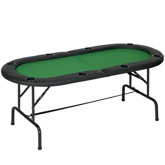 Buy 8 Player Folding Poker Table, Oval Portable Blackjack Casino Table with Cup Holder, Felt Top and Metal Base, 183 x 82 x 75cm, Green and Black