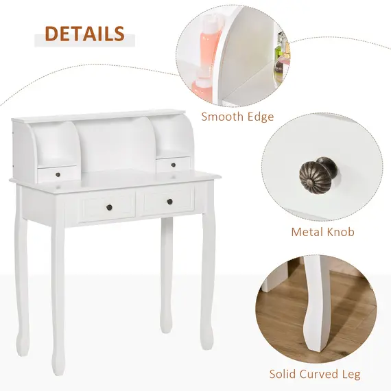 Buy HOMCOM Dressing Table Vanity Make-Up 4 Drawers Dividers Console Desk Bedroom Furniture Nightstand Cosmetic Storage White, 6 image