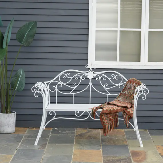 Buy Outsunny Bench Garden Chair Outdoor Indoor Patio 2 Seater Loveseat Metal Furniture White, 2 image