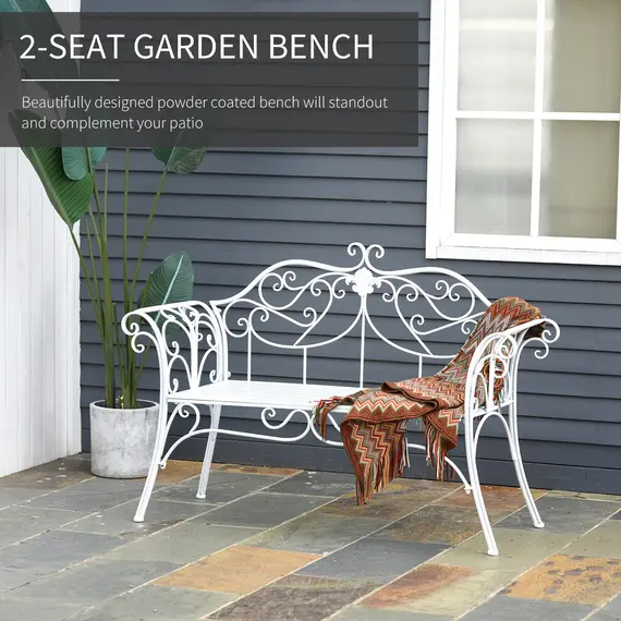 Buy Outsunny Bench Garden Chair Outdoor Indoor Patio 2 Seater Loveseat Metal Furniture White, 4 image