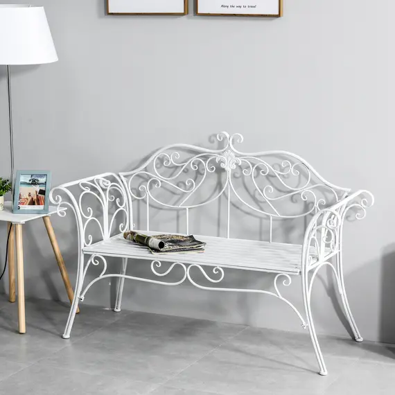 Buy Outsunny Bench Garden Chair Outdoor Indoor Patio 2 Seater Loveseat Metal Furniture White, 8 image
