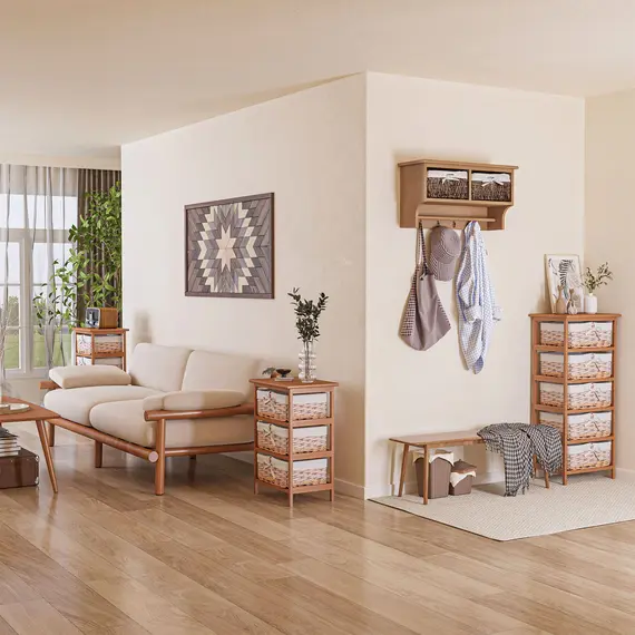 Buy 3 Drawer Dresser Wicker Basket Storage Shelf Unit Wooden Frame Home Organisation Cabinet Bedroom Office Furniture Natural Finish 58x40cm, 2 image