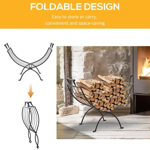 Buy Folding Wood Log Holder Fireplace Storage Rack Matte Metal Elevated Indoor Outdoor 45x35cm Black, 4 image