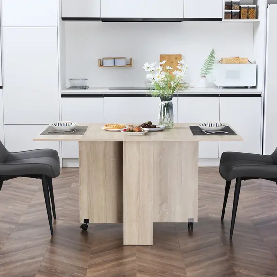 Buy Mobile Drop Leaf Dining Kitchen Table Folding Desk For Small Spaces With 2 Wheels & 2 Storage Shelves Oak, 4 image