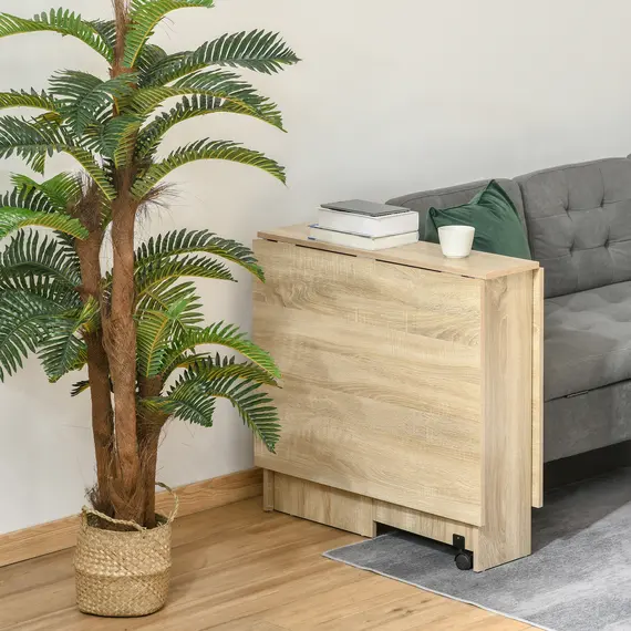 Buy Mobile Drop Leaf Dining Kitchen Table Folding Desk For Small Spaces With 2 Wheels & 2 Storage Shelves Oak, 9 image