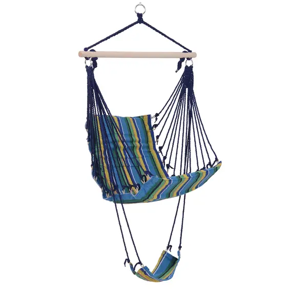Buy Outdoor Hammock Hanging Rope Garden Yard Patio Swing Chair Seat Woodenwith Footrest Cotton Cloth Blue Stripe