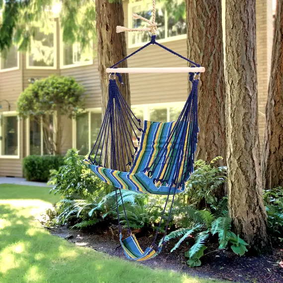 Buy Outdoor Hammock Hanging Rope Garden Yard Patio Swing Chair Seat Woodenwith Footrest Cotton Cloth Blue Stripe, 2 image