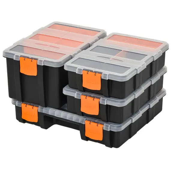 Buy Set Of 4 Plastic DIY Tool Storage Boxes w/ Inside Dividers Locking Lids Home Garage Organisation Stacking Arts Crafts Bolts Black Orange