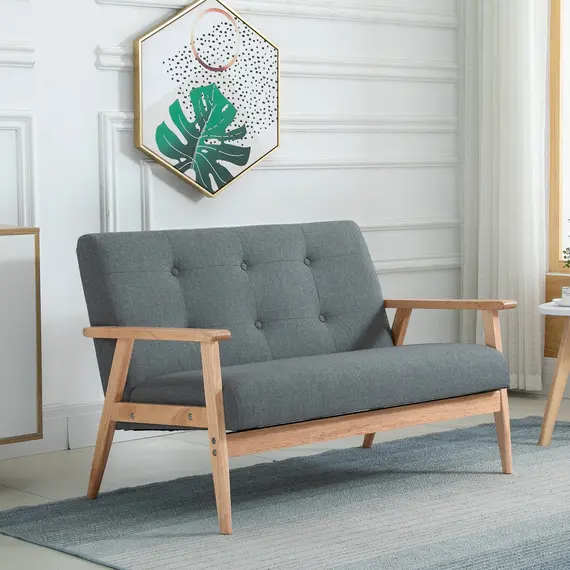 Buy Modern 2/3-Seat Sofa Linen Fabric Upholstery Tufted Couch with Rubberwood Legs, 2 image