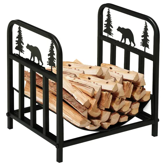 Buy Metal Firewood Log Holder Indoor Outdoor Firewood Rack Inner Arced Fireplace Wood Storage Shelf w/ Bear Shape Design, Rust-Resistant, Black, 42W x 33.5D x 43H cm