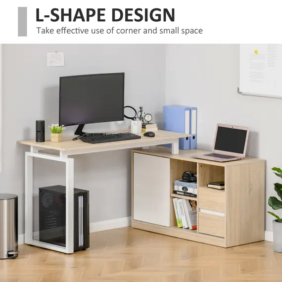 Buy L-Shaped Home Office Writing Desk with Storage Shelf, Drawer, Corner PC Table Computer Workstation, Oak Beige White, 5 image