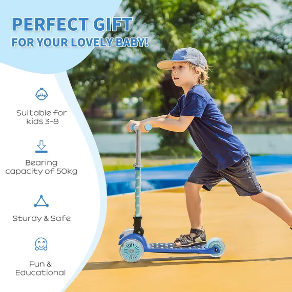 Buy Scooter for Kids Toddler Foldable Kick Scooter with 3 Wheel Adjustable Height Flashing Wheels for Boys and Girls 3-8 Years Blue, 4 image