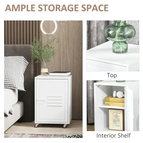 Buy Industrial Bedside Table, Rolling End Side Table, Mobile Storage Cabinet With Adjustable Shelf, Wheels & Metal Door for Bedroom, Living Room, 6 image