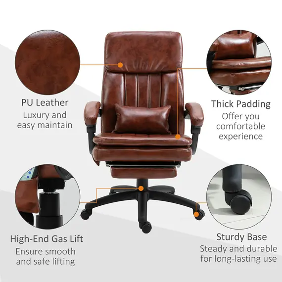 Buy High Back Office Chair, Gaming Recliner Chair with Footrest, 7 Massage Points, Adjustable Height, Reclining Back, PU Leather, Brown, 8 image