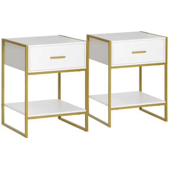 Buy Modern Bedside Table, Nightstand with Drawer Shelf, Side Table for Living room, Bedroom White and Gold, Set of 2