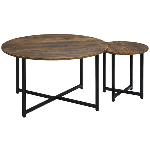 Buy Round Coffee Table, Set of 2 Side Table with Metal Frame, Industrial End Table for Living Room Bedroom, Rustic Brown