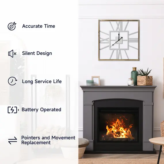 Buy Vintage Large Wall Clock with Roman Numerals, 60cm/24 Inch Silent Non Ticking Metal Wood Clocks for Living Room Kitchen, Distressed White, 6 image