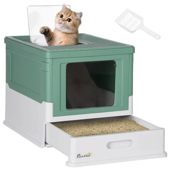 Buy Hooded Cat Litter Box, Portable Pet Toilet, with Scoop, Front Entry - Green