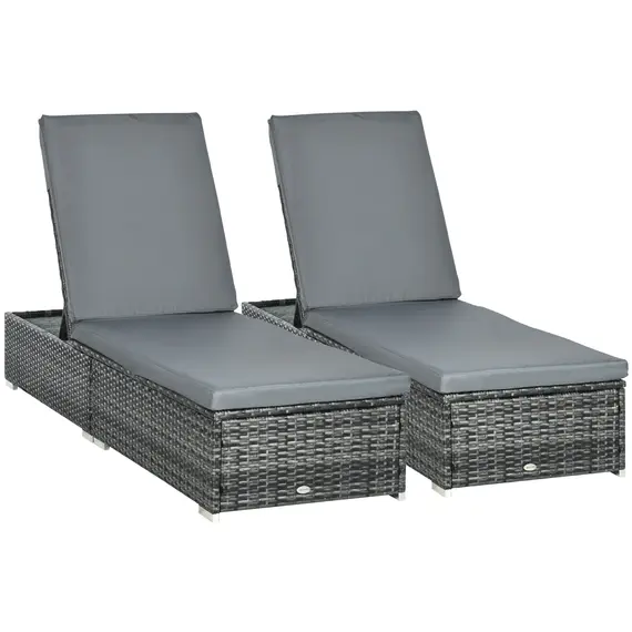Buy PE Rattan Sun Loungers set of 2 with Cushion, Outdoor 2 Pieces Garden Sunbed Furniture with 5-Level Recliner Backrest, Reclining Patio Wicker Bed Chair, Grey