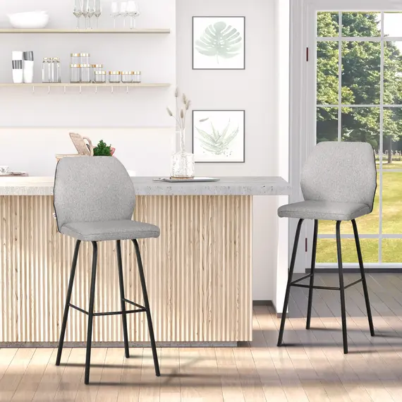 Buy Bar Stools Set of 2, Linen-Touch Upholstered Bar Chairs, Kitchen Stools with Backs and Steel Legs, Light Grey, 2 image